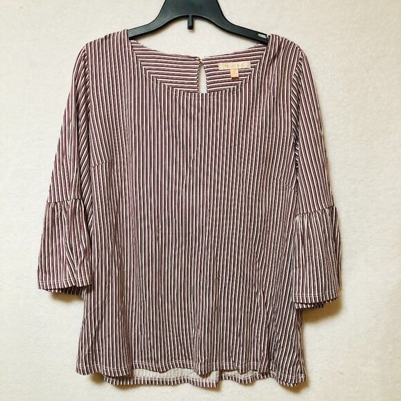 Skies Are Blue Tops - Skies Are Blue Maroon & White Striped Quarter Bell Sleeve Blouse Top Size Small